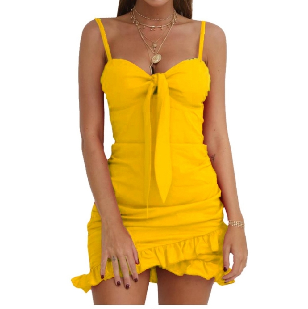 DRESS YELLOW ASYMETRICAL RUFFLED PLAYFUL SUN DRESS
